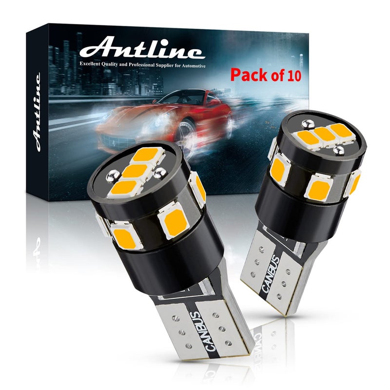 Antline 194 168 2825 W5W T10 194NA LED Bulbs Amber Yellow, Ultra Bright Error Free 9-SMD 2835 Chipsets Replacement for Car Interior Dome Map Door Courtesy License Plate Lights (Pack of 10) - Image 1